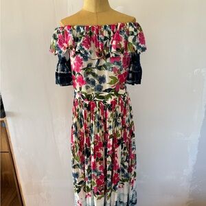 Misa Los Angeles Off-Shoulder Floral Midi Dress in Pink, Blue & Green